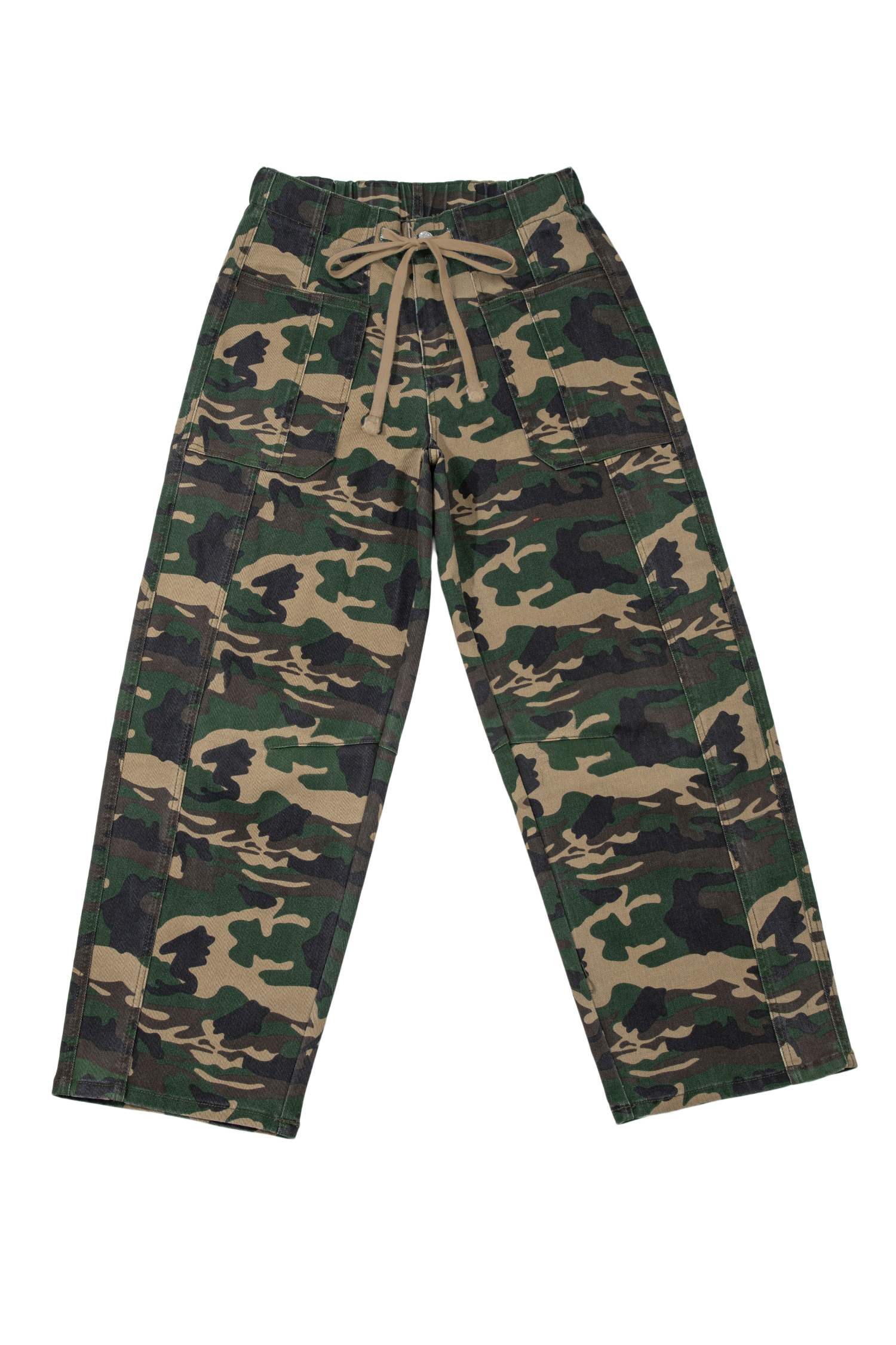 Green Camouflage Print Drawstring Patch Pocket Barrel Jeans
