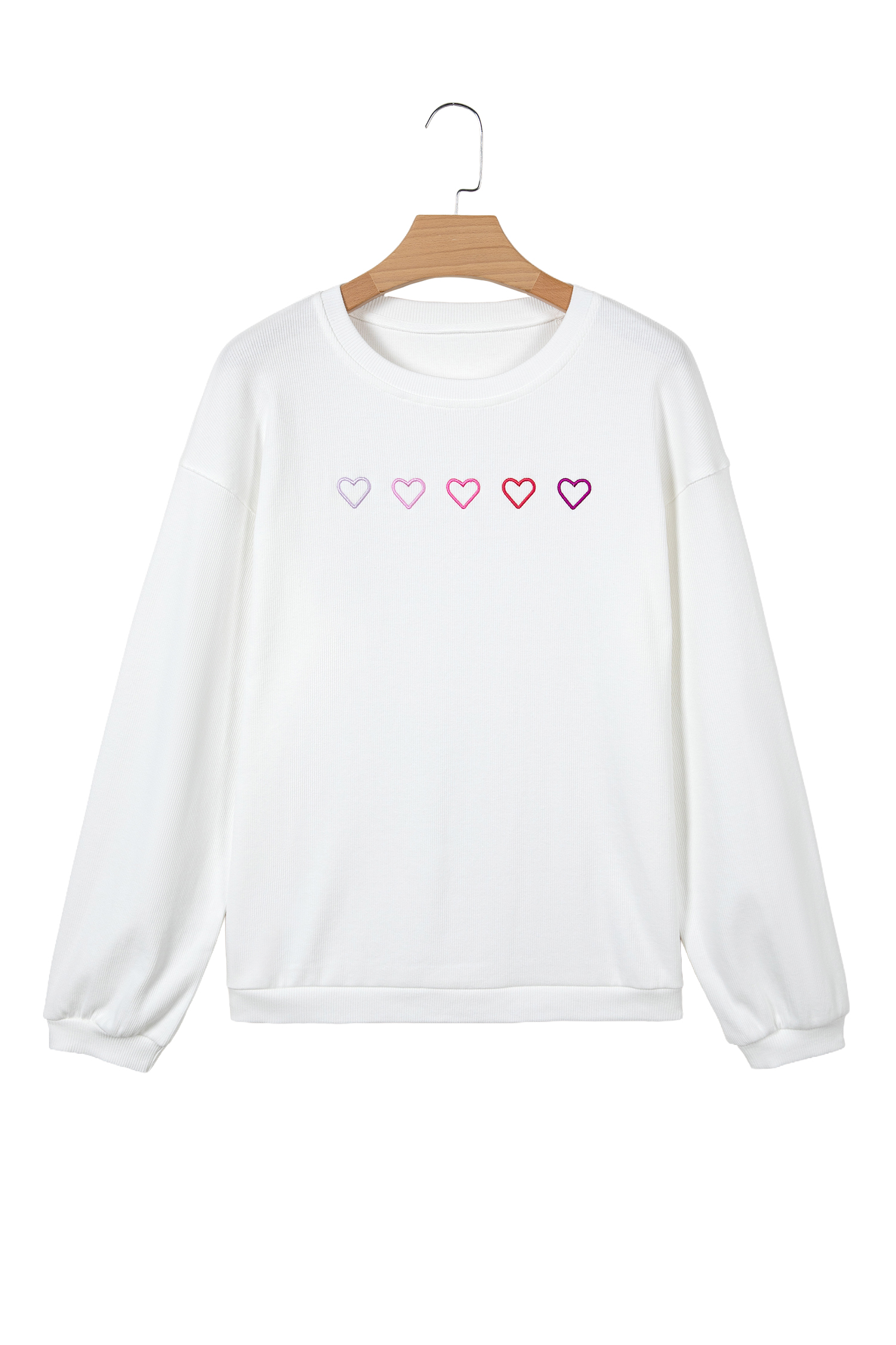 White 3d Ribbed XOXO Heart Embroidered Drop Shoulder Sweatshirt