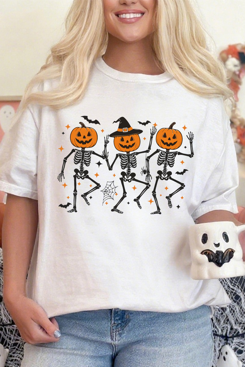 White Halloween Pumpkin Skeleton Graphic Cotton Blend Tee