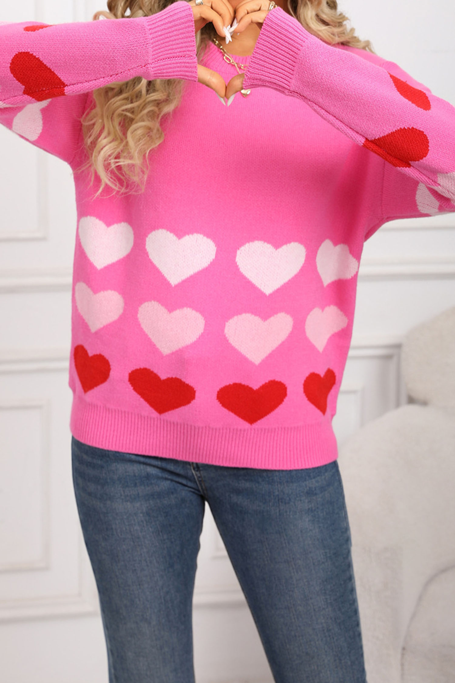 Rose Red Drop Shoulder Romantic Heart Pattern Sweater