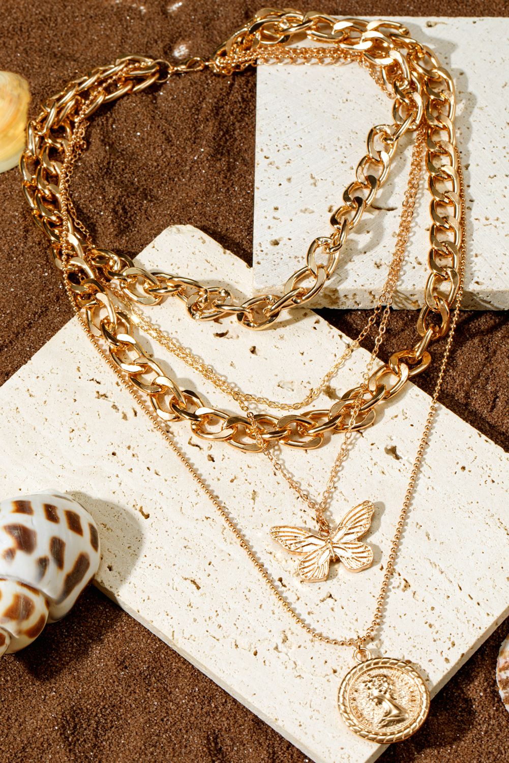 Gold Plated Alloy Multilayer Butterfly Charm Necklace