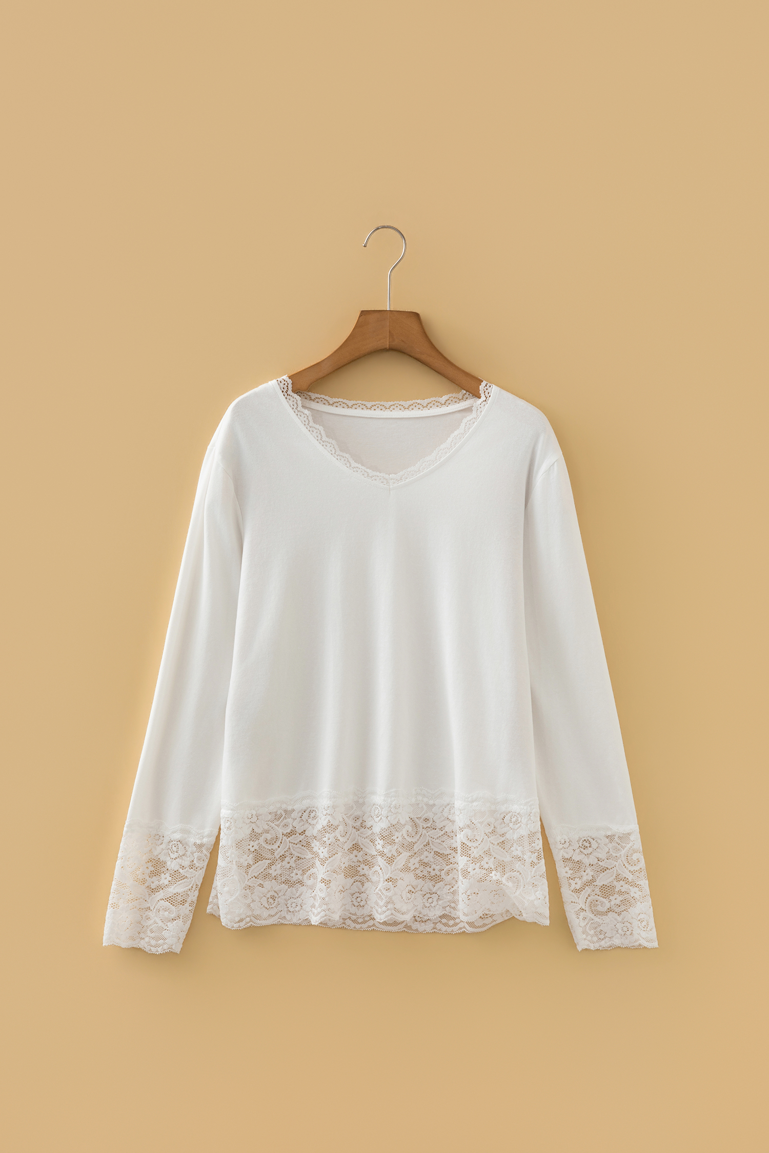 White Lace Trim V Neck Cuffed Long Sleeve Loose Top