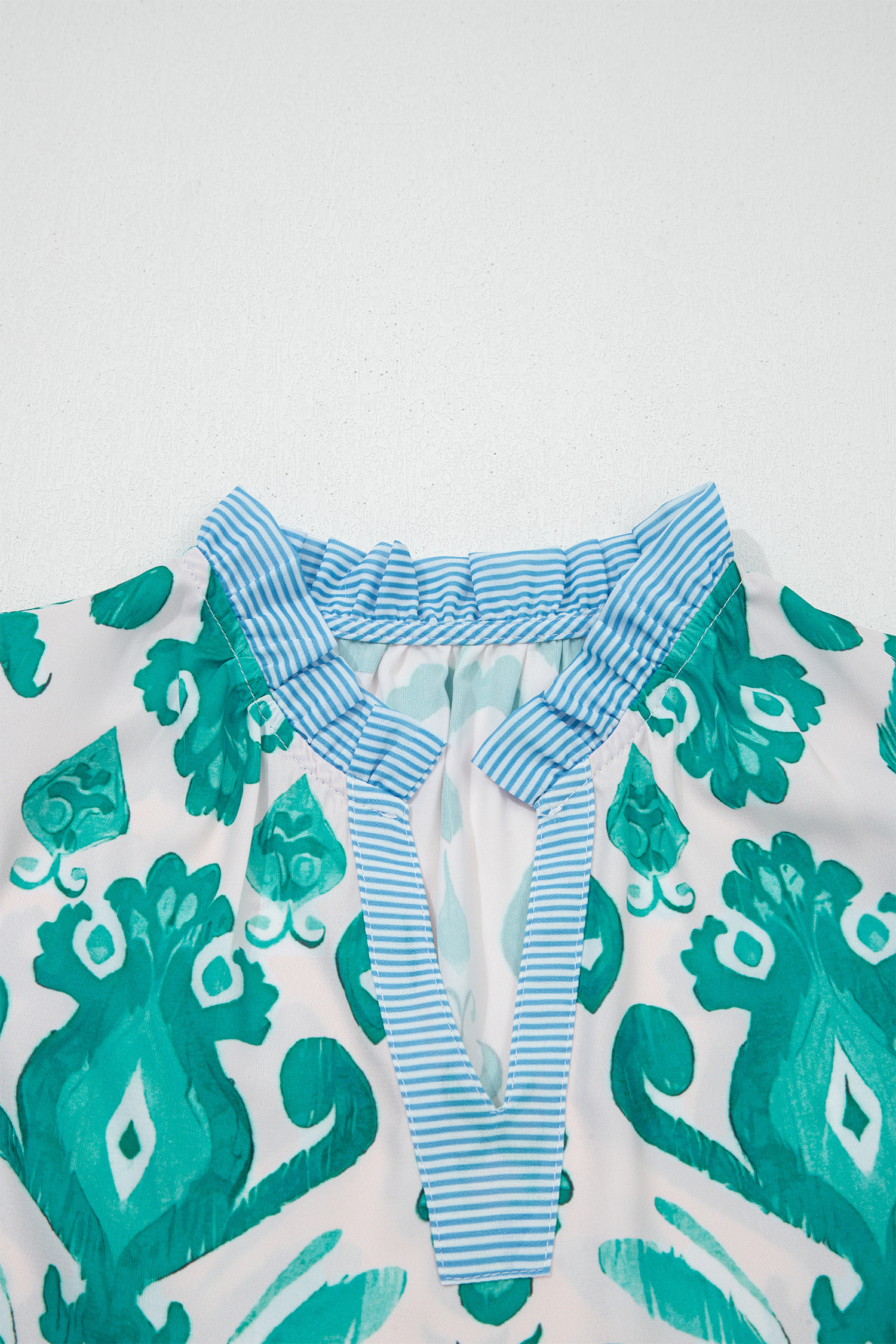 Sky Blue Ethnic Print Striped Trim Flutter Sleeve Top