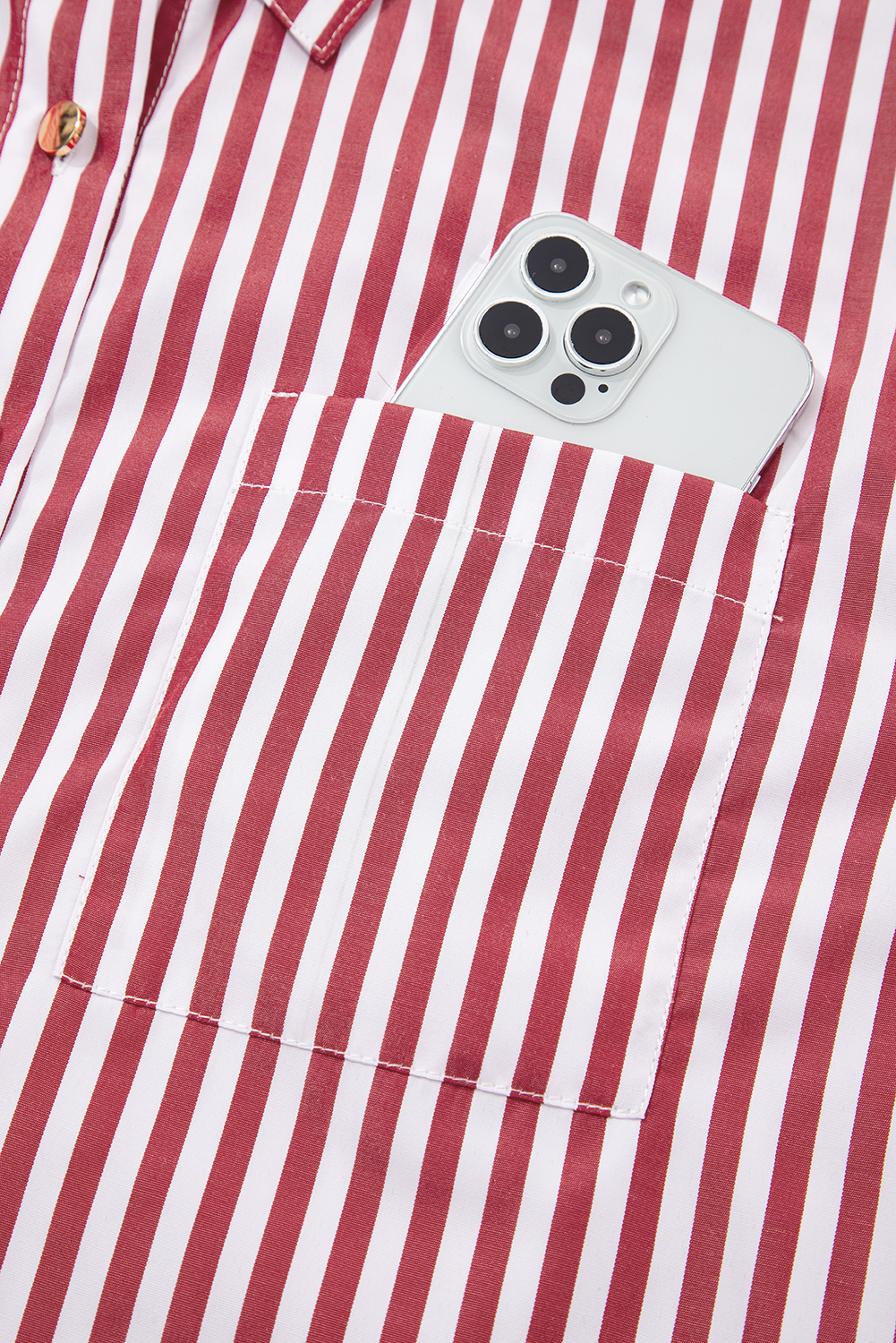 Red Stripe Patched Pocket Side Slit Loose Shirt