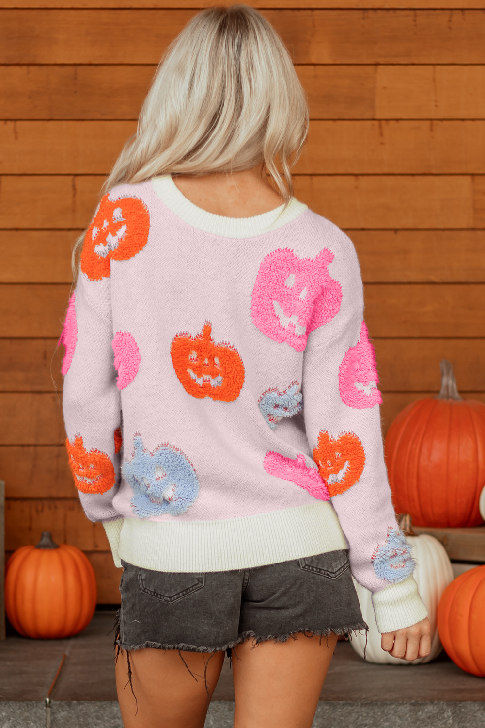 Beige Halloween Cute Pumpkin Pattern Sweater