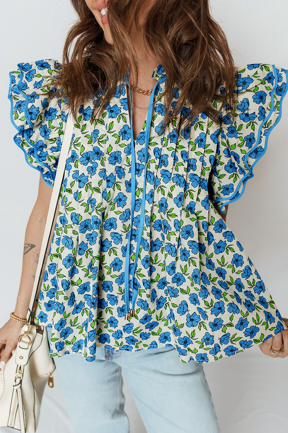 Sky Blue Tiered Flutter Sleeve Pleated Flower Blouse