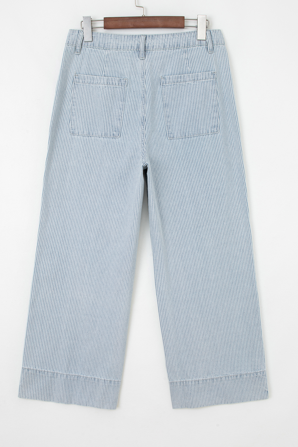 Sky Blue Stripe Button Flap Pocket Cuffed Hem Wide Leg Jeans