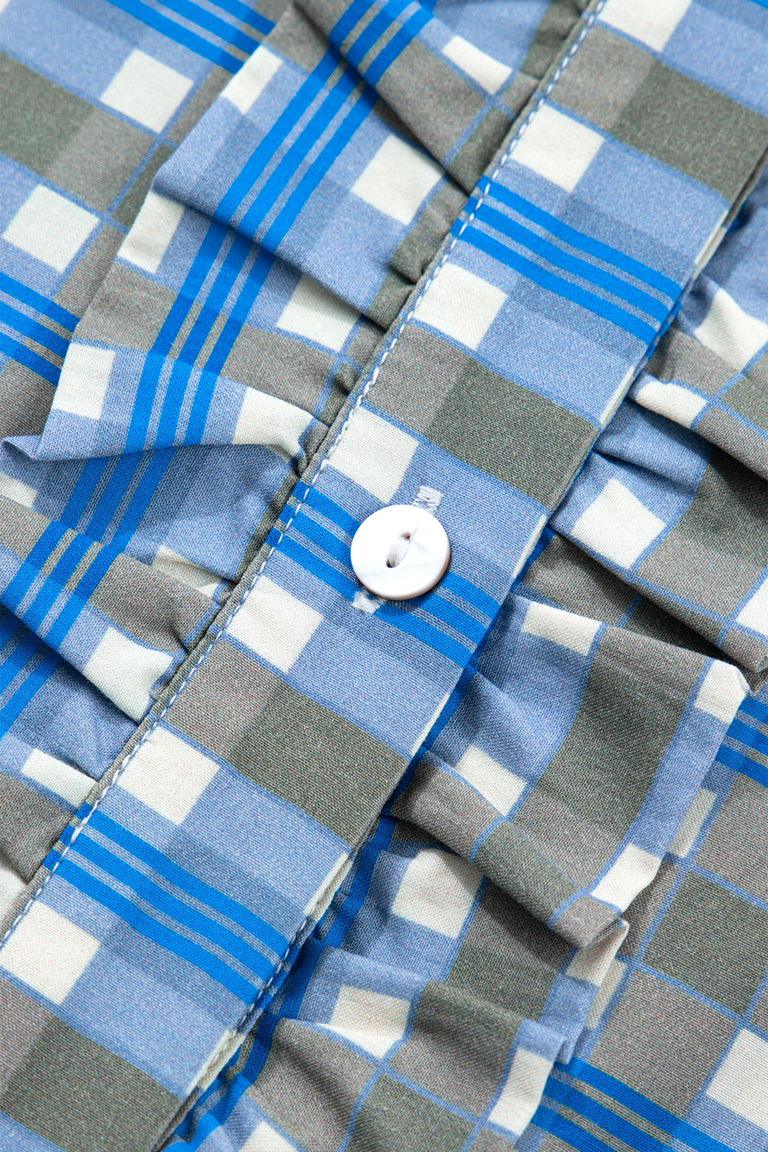 Sky Blue Plaid Long Sleeve Frilled Detail Half Button Blouse