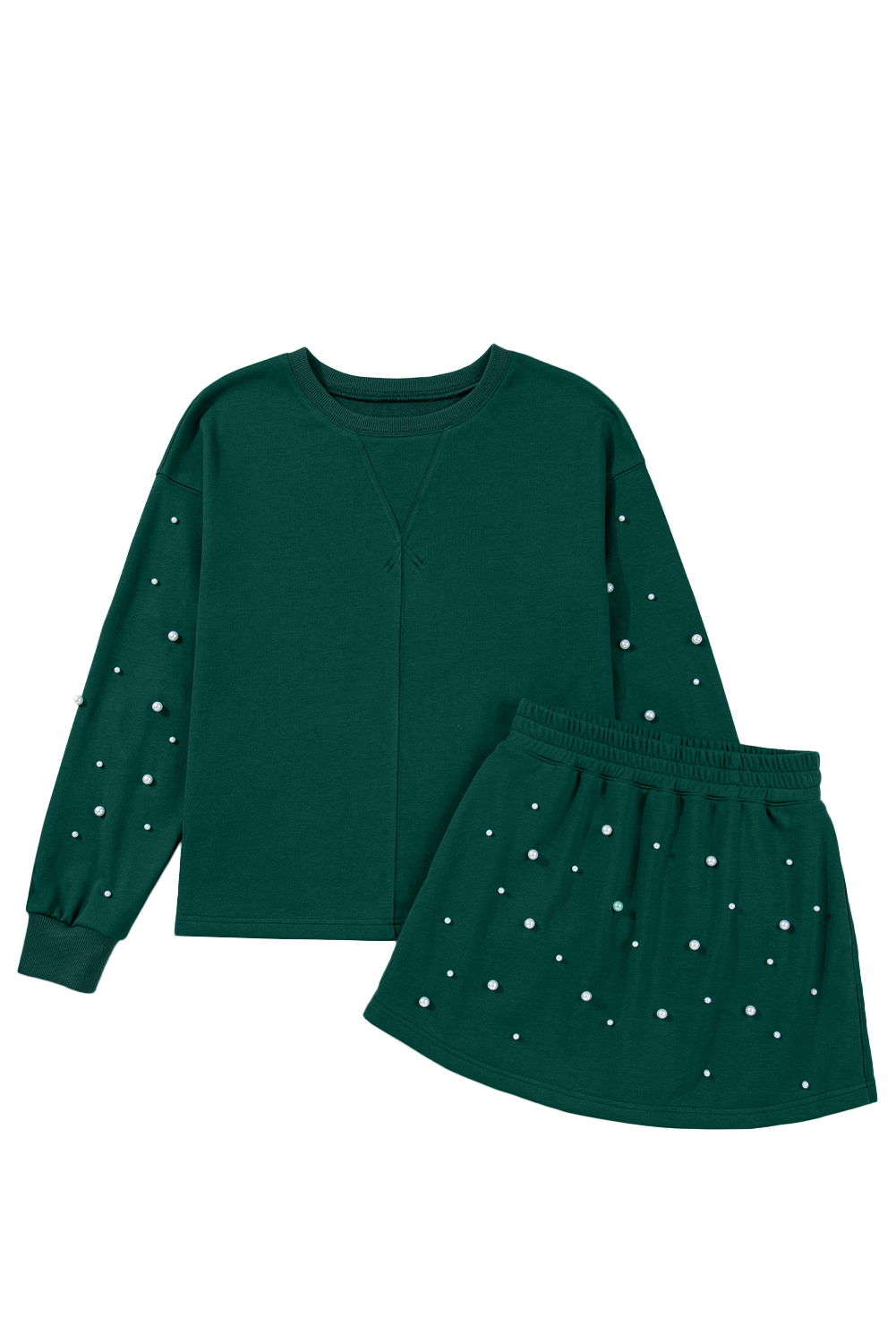 Dark Green Pearl Embellished Drop Shoulder Pullover Elastic Waist Mini Skirt Set