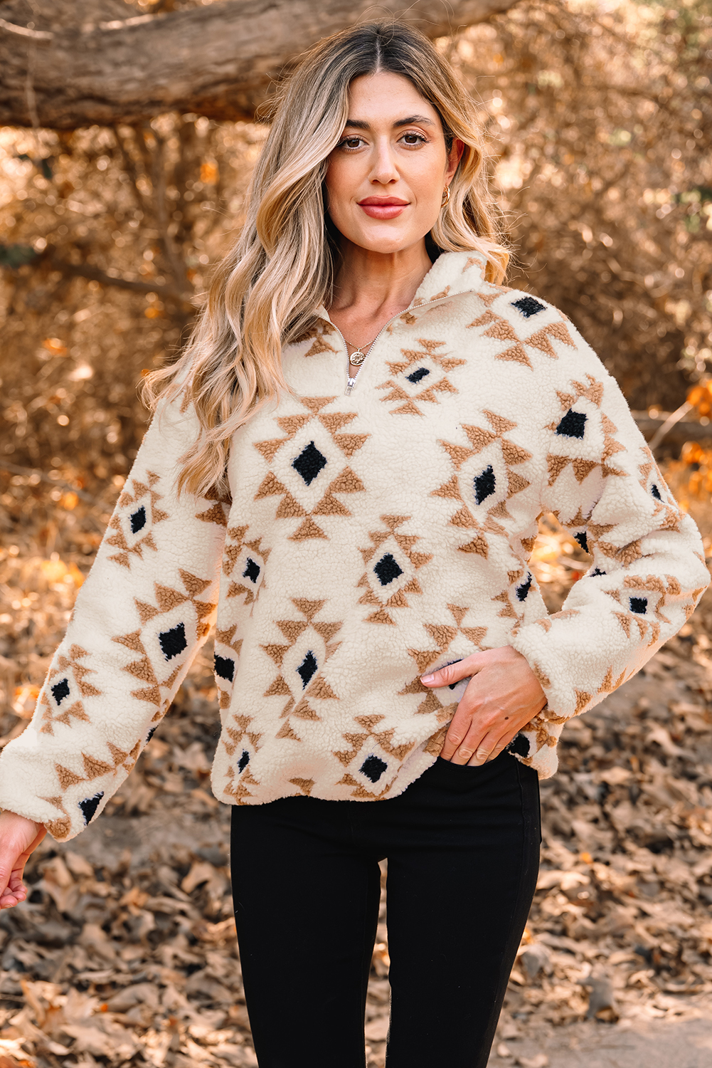 Khaki Aztec Print Sherpa Quarter Zip Collar Sweatshirt
