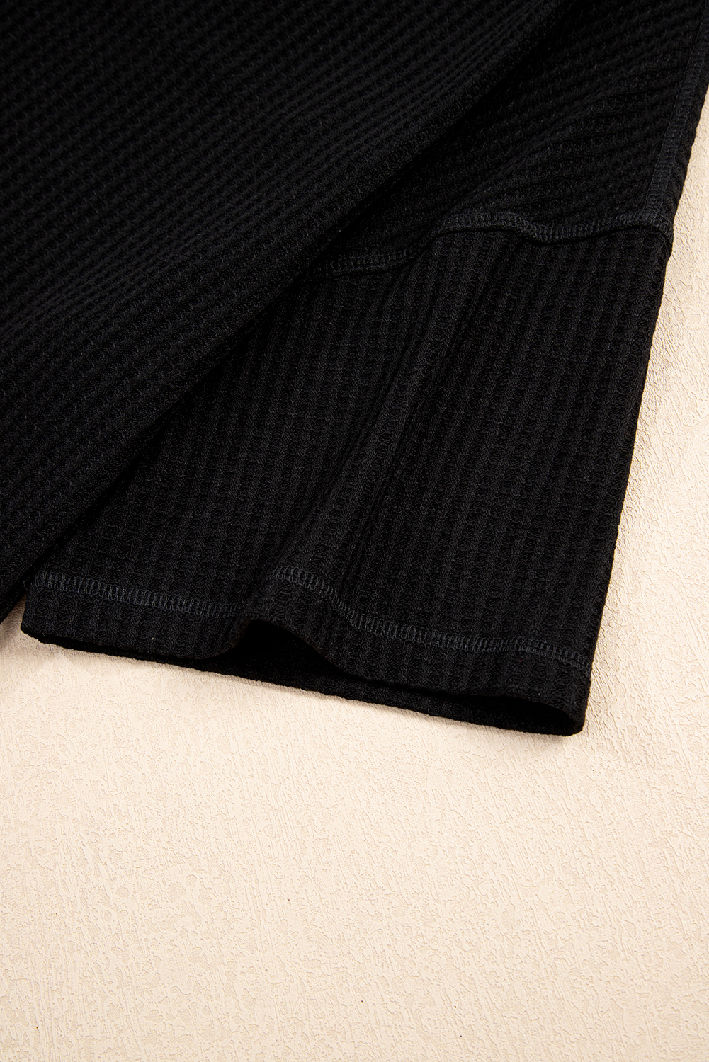 Black Waffle Texture Ribbed V Neck Drop Shoulder Loose Tee