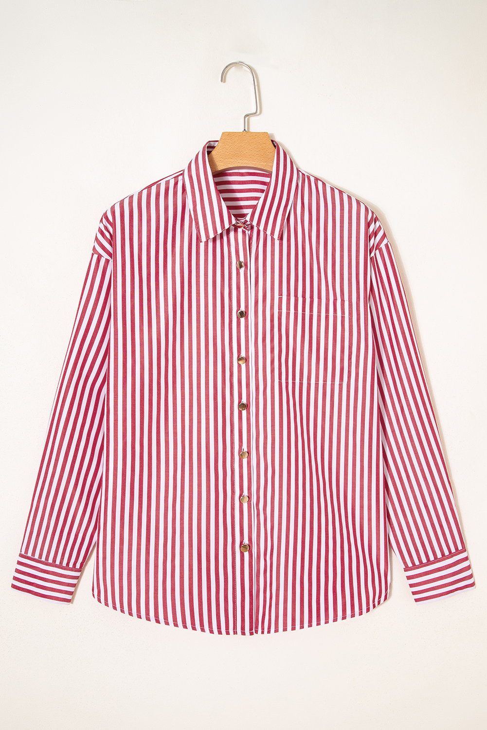 Red Stripe Patched Pocket Side Slit Loose Shirt