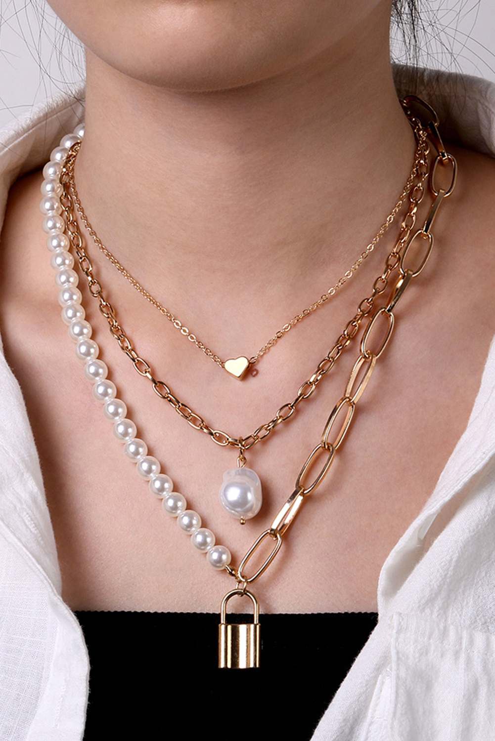 Gold Plated Heart Lock Baroque Pearl Multi Layer Necklace