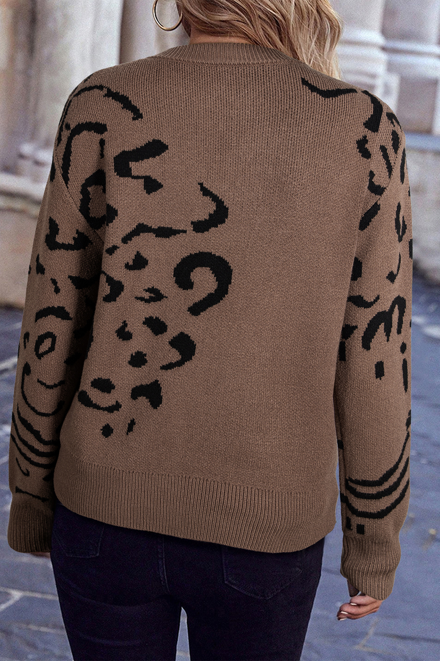Camel Asymmetric Leopard Print Detail Drop Shoulder Sweater