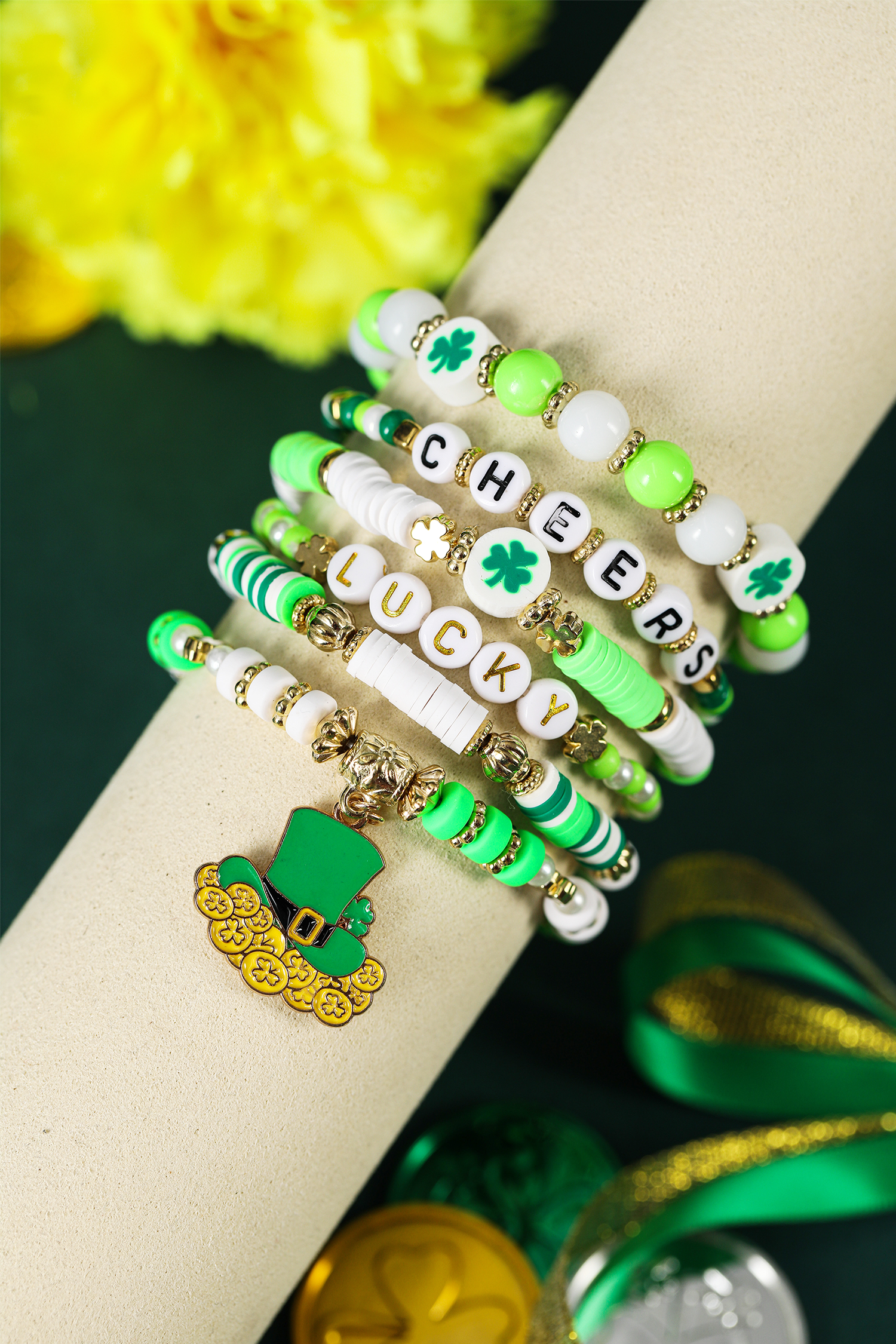 Green LUCKY CHEERS St Patricks Day Multilayered 6pcs Bracelet Set