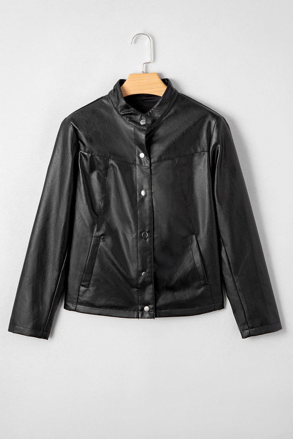 Black Faux Leather Buttoned Front Boxy Jacket
