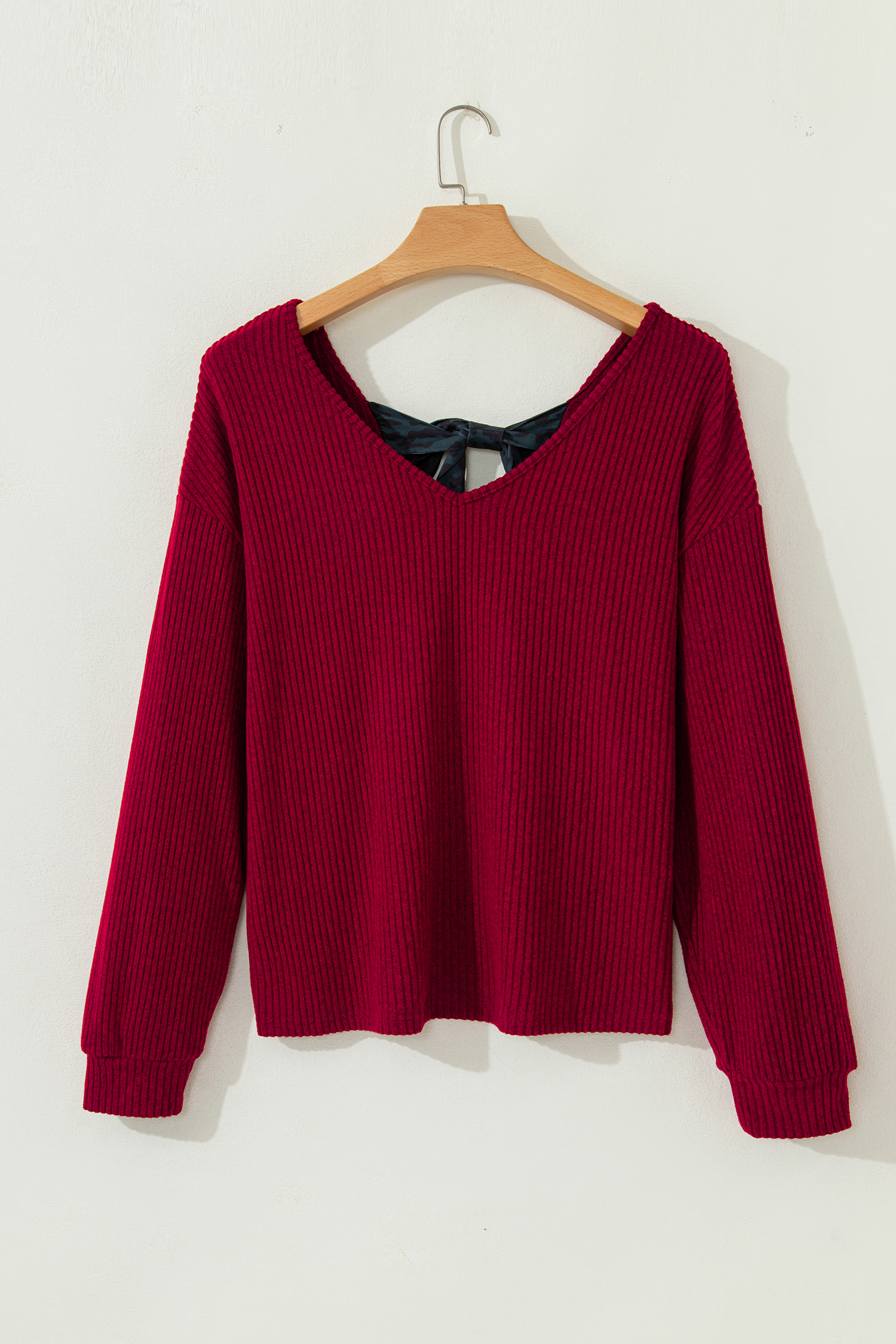 Racing Red Ribbed V Neck Contrast Ribbon Bow Back Drop Shoulder Long Sleeve Top