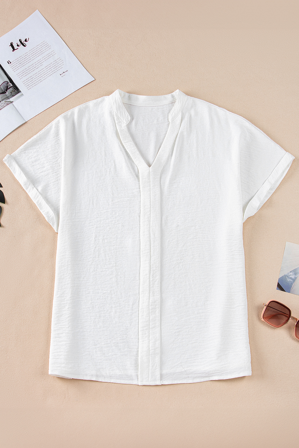 Black Notched Neck Batwing Sleeve Lightweight Blouse