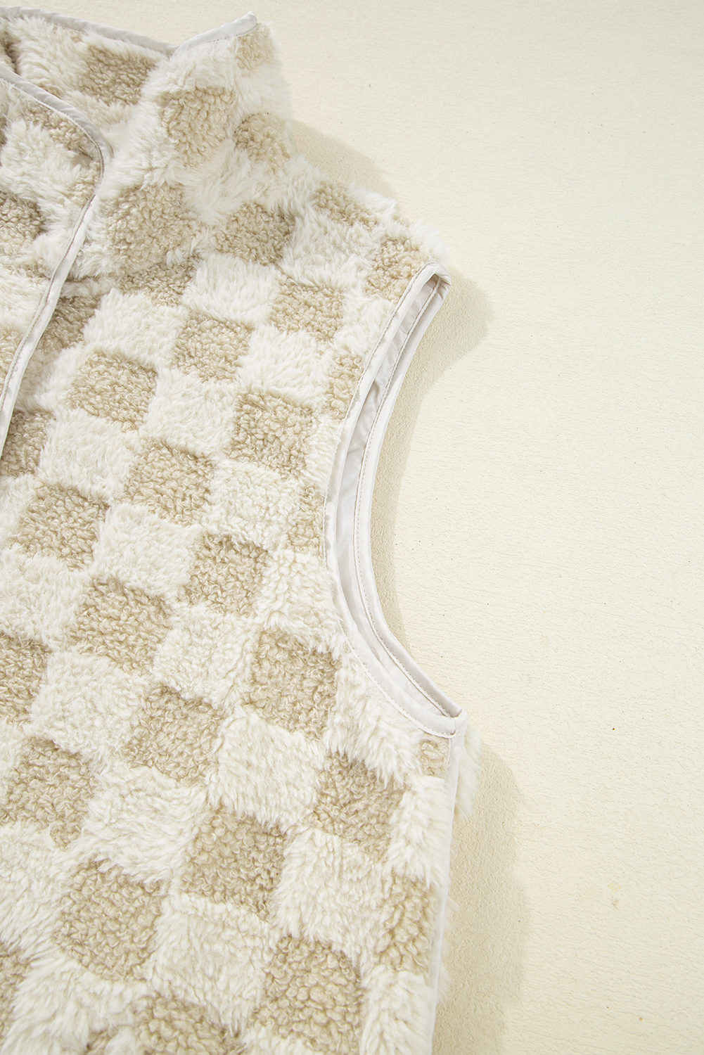 Khaki Sherpa Checkerboard Snap Button Vest Jacket With Pocket