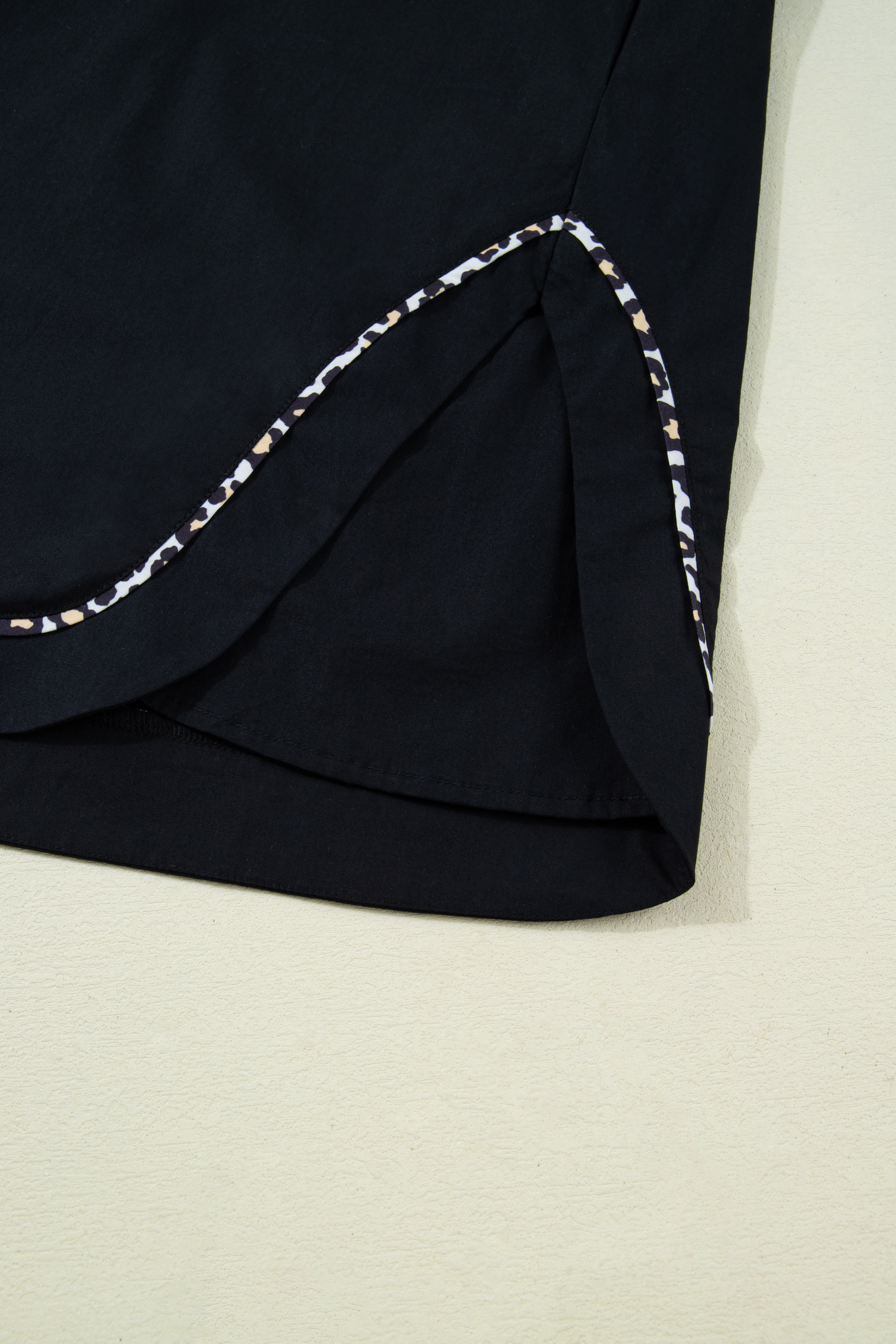 Buckskin Contrast Leopard Trim Split Neck Puff Sleeve Blouse