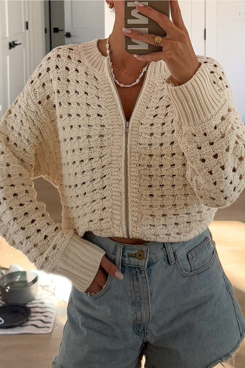 Beige Hollowed Pattern Knit Zip Up Drop Shoulder Sweater Cardigan
