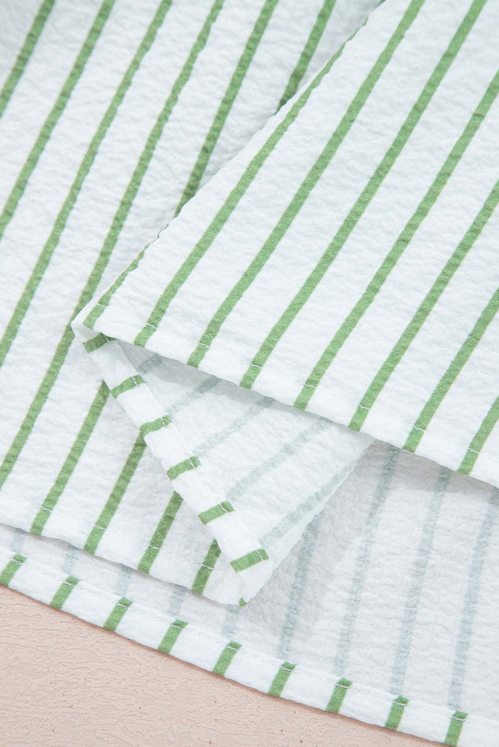 Green Stripe Flower Puff Sleeve Notched V Neck Babydoll Blouse