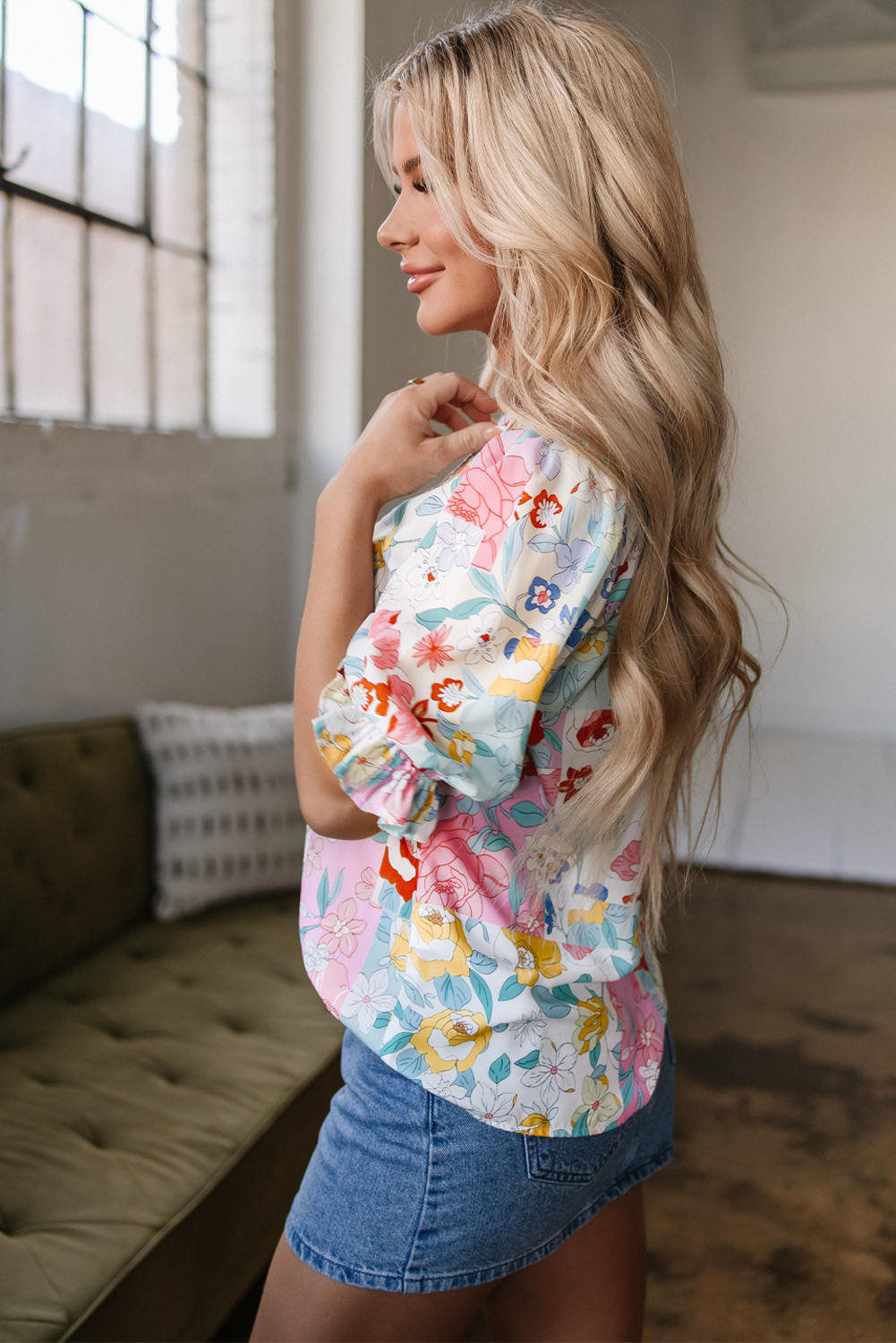 Pink Boho Flower Print Half Puff Sleeve Blouse