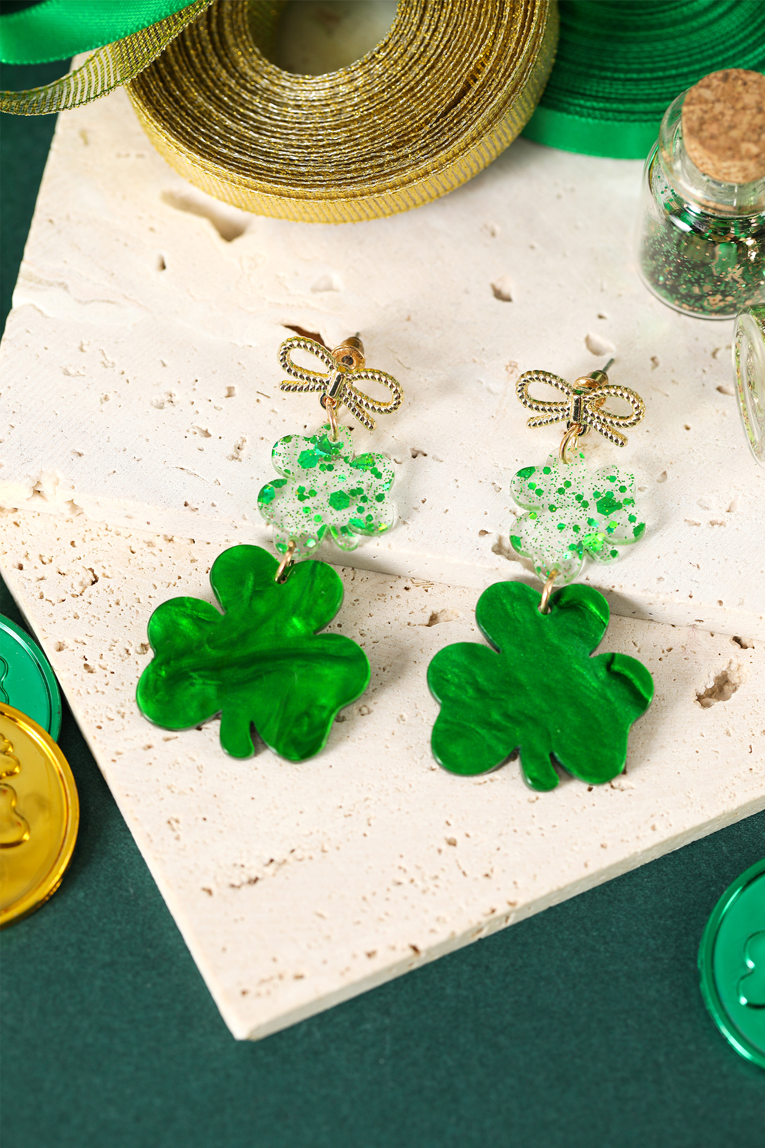 Green Double Clover Dangle Pendant Bow Stud Earrings