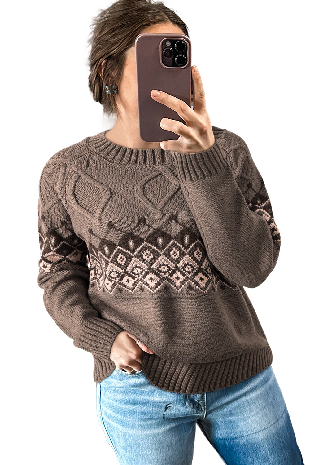 Light French Beige Western Geometric Patterned Crew Neck Knitted Sweater