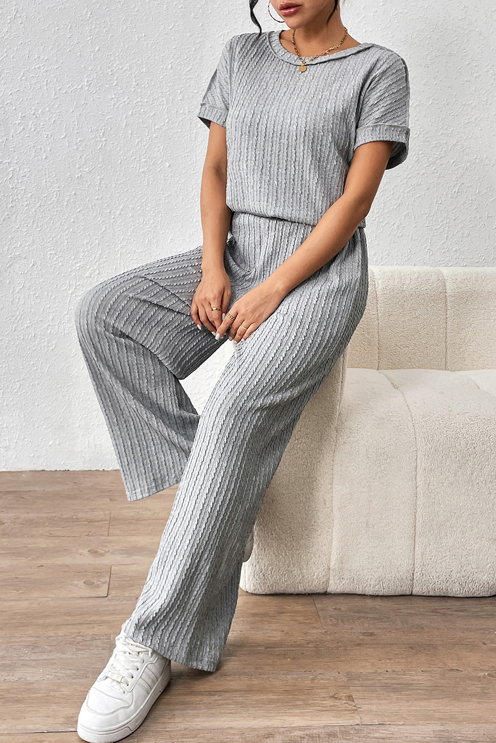 Gray Striped Texture Loose Tee and Pants Set