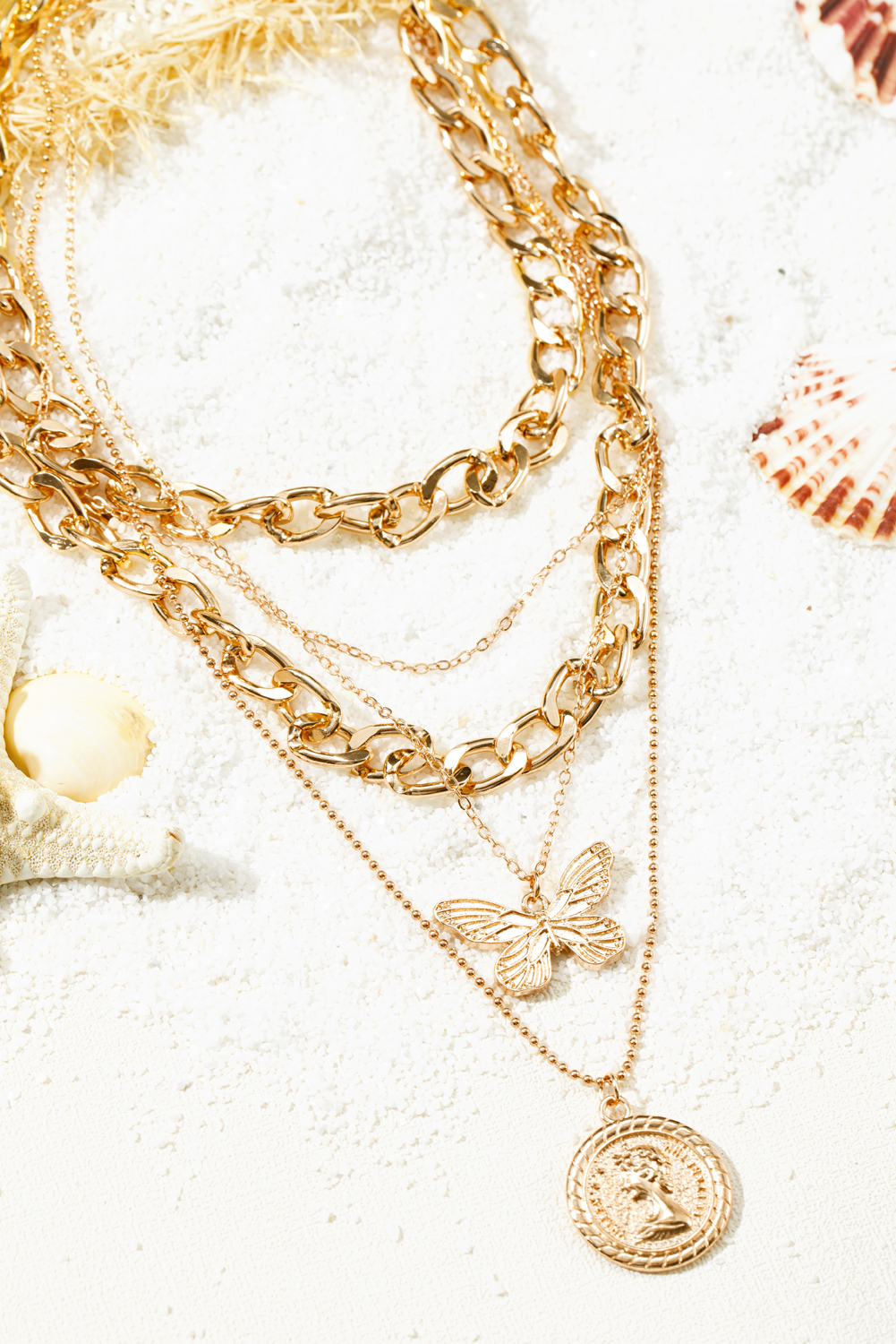 Gold Plated Alloy Multilayer Butterfly Charm Necklace