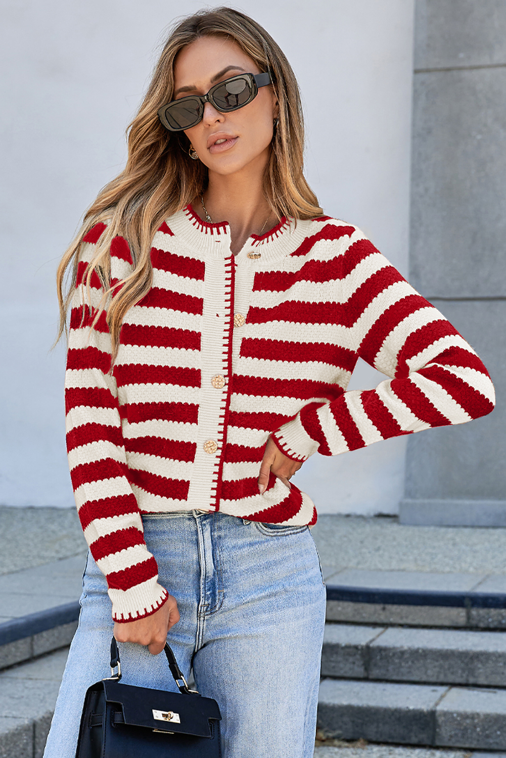 Red Stripe Chic Golden Button Cardigan Sweater