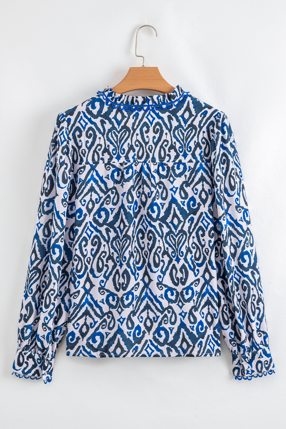 Blue Bohemian Print Embroidered V Neckline Detail Long Sleeve Shirt