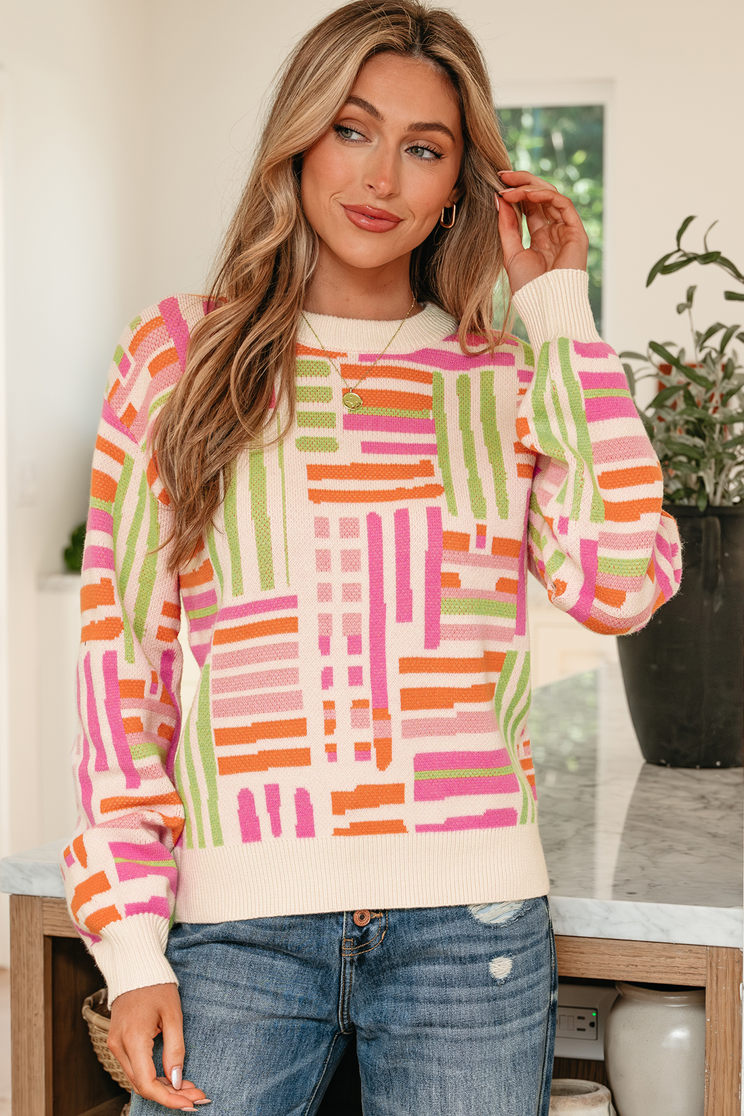 Rose Love Lines Pattern Crew Neck Puff Sleeve Sweater