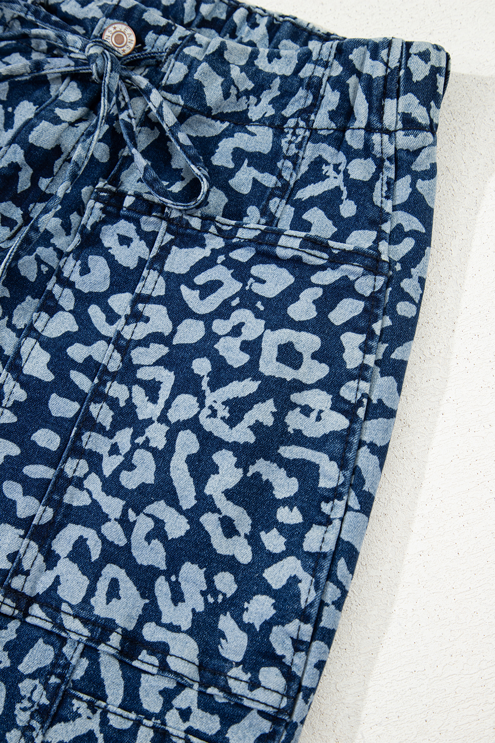 Khaki Leopard Printed Drawstring Elastic Waistband Pocketed Wide Leg Jeans