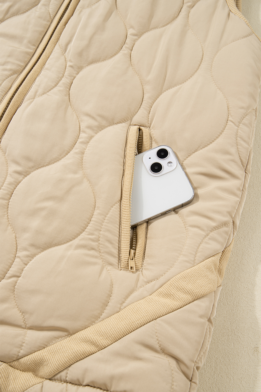 Pale Khaki Quilted Padded Casual Winter Jacket Vest with Fleece Lining