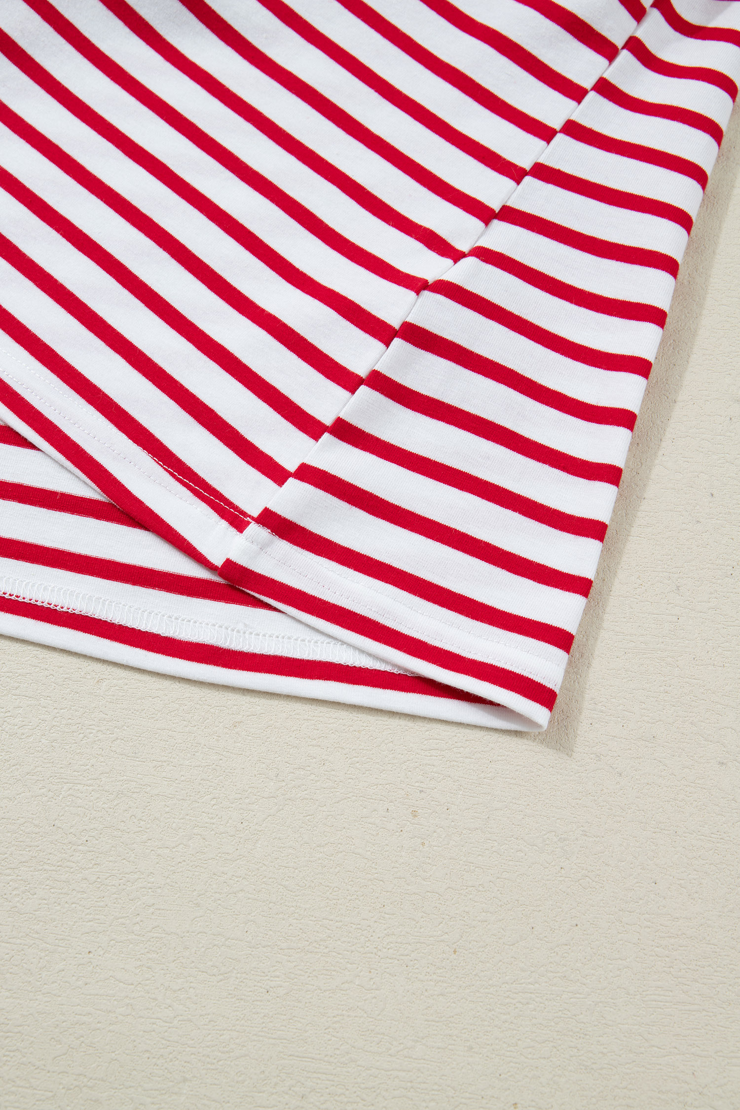 Red Stripe Contrast Frilled Trim Half Button Long Sleeve Top