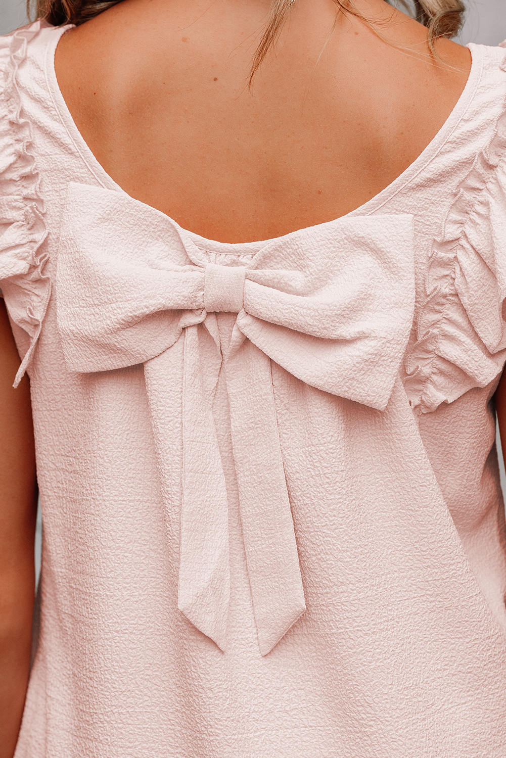 Beau Blue Textured Bow Knot Frilled Butterfly Sleeve Blouse