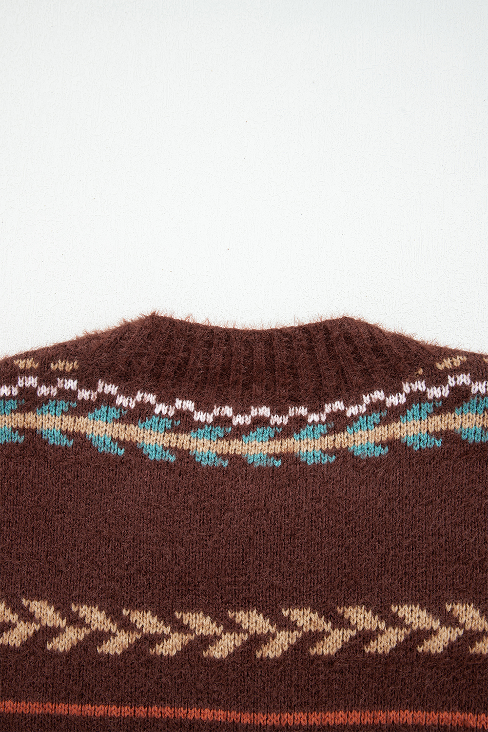 Brown Ethnic Pattern Mohair Knitted Drop Shoulder Sweater