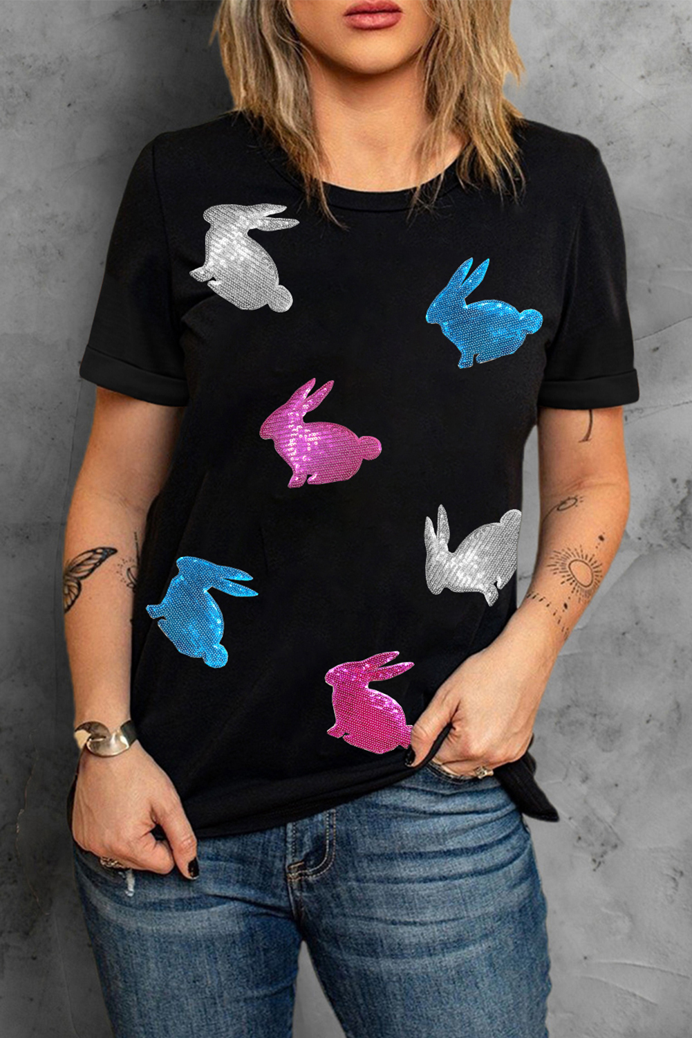 White Rabbit Bow Knot Print Crew Neck T Shirt