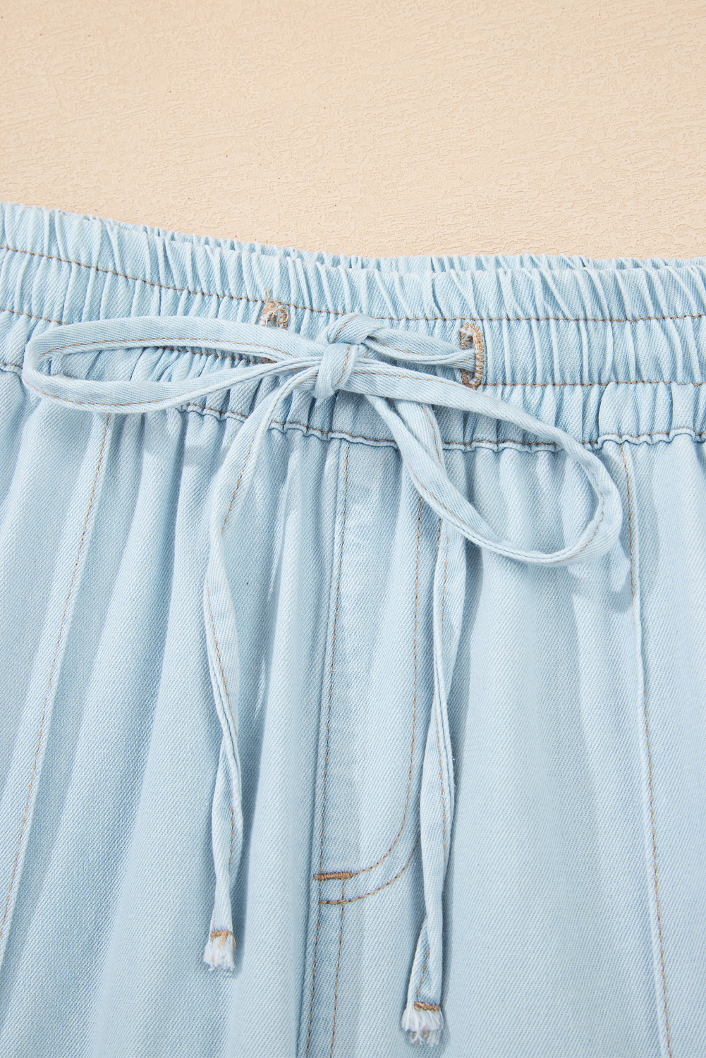 Beau Blue Light Wash Contrast Trim Center Seam Drawstring Elastic Waistband Wide Leg Denim Pants
