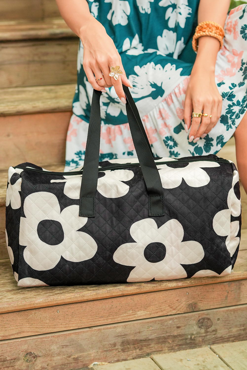 Black Flower Print Quilted Large Duffel Bag