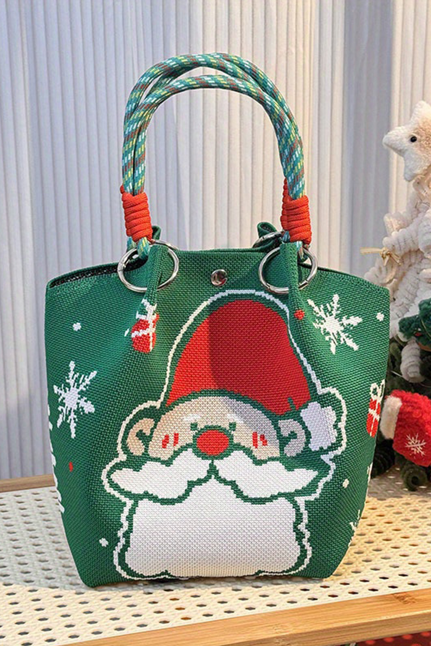 Blackish Green Cartoon Santa Claus Knitted Bucket Bag