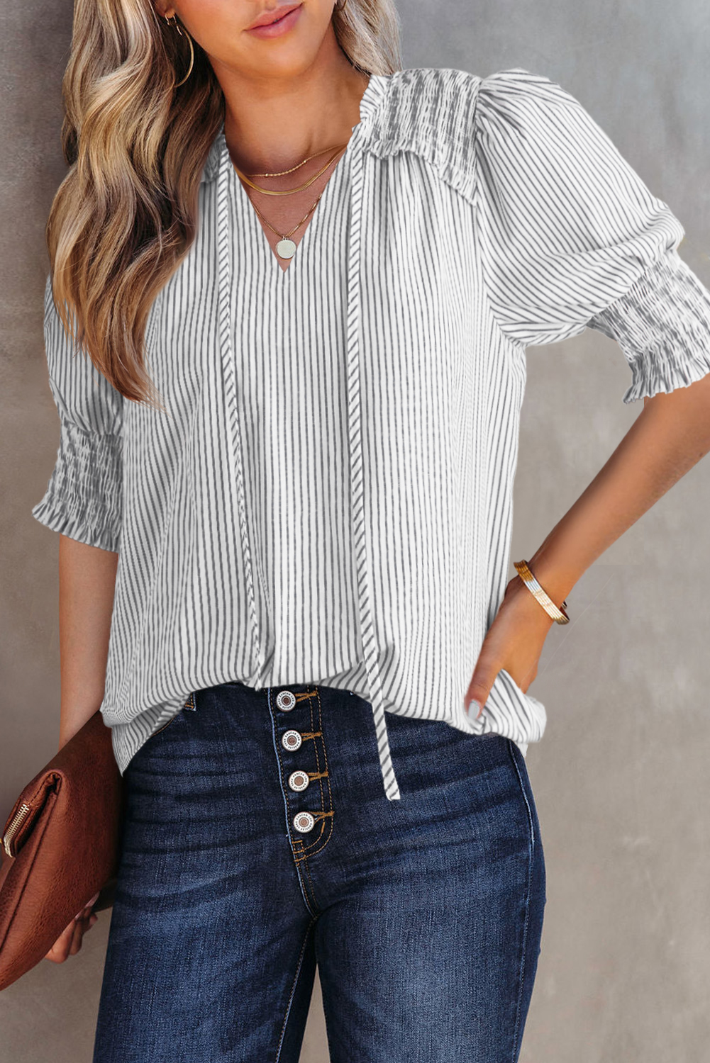 Gray Stripe Shirred Detail V Neck Puff Half Sleeve V Neck Blouse