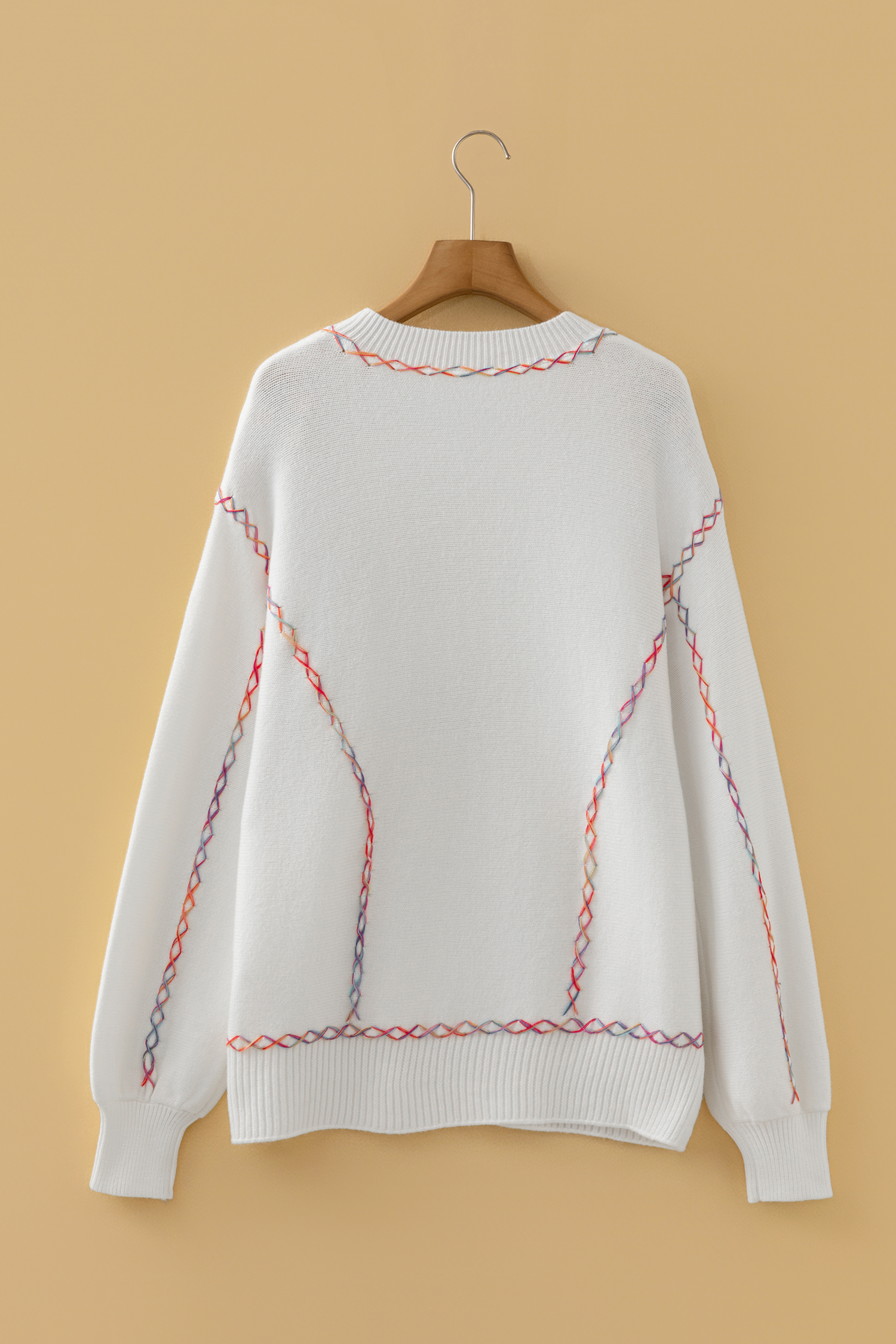 White Rainbow Stitching Balloon Sleeve Relaxed Sweater