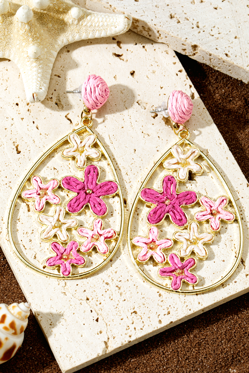 Rose Red Flower Plaited Gold Plated Waterdrop Earrings