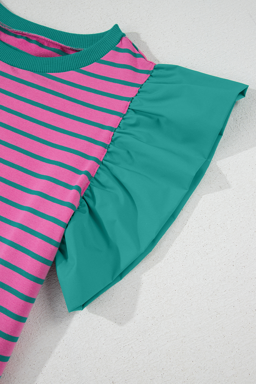 Pink Stripe Collared V Neck Puff Sleeve T Shirt Dress