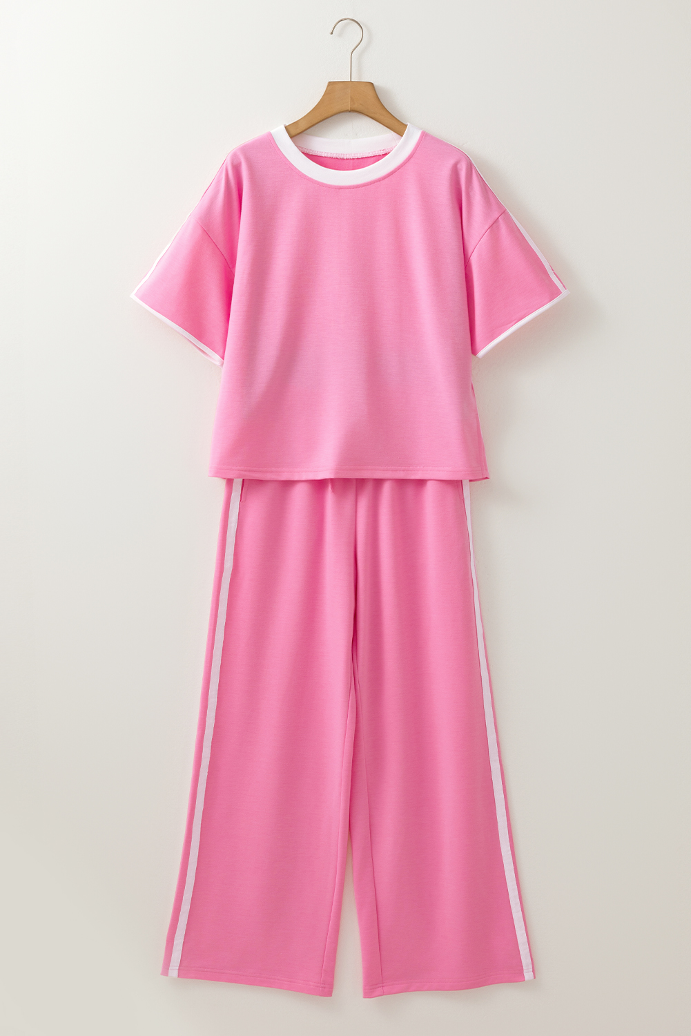 Sachet Pink Varsity Stripe Detail Casual Tee and Pants Leisure 2pcs Set