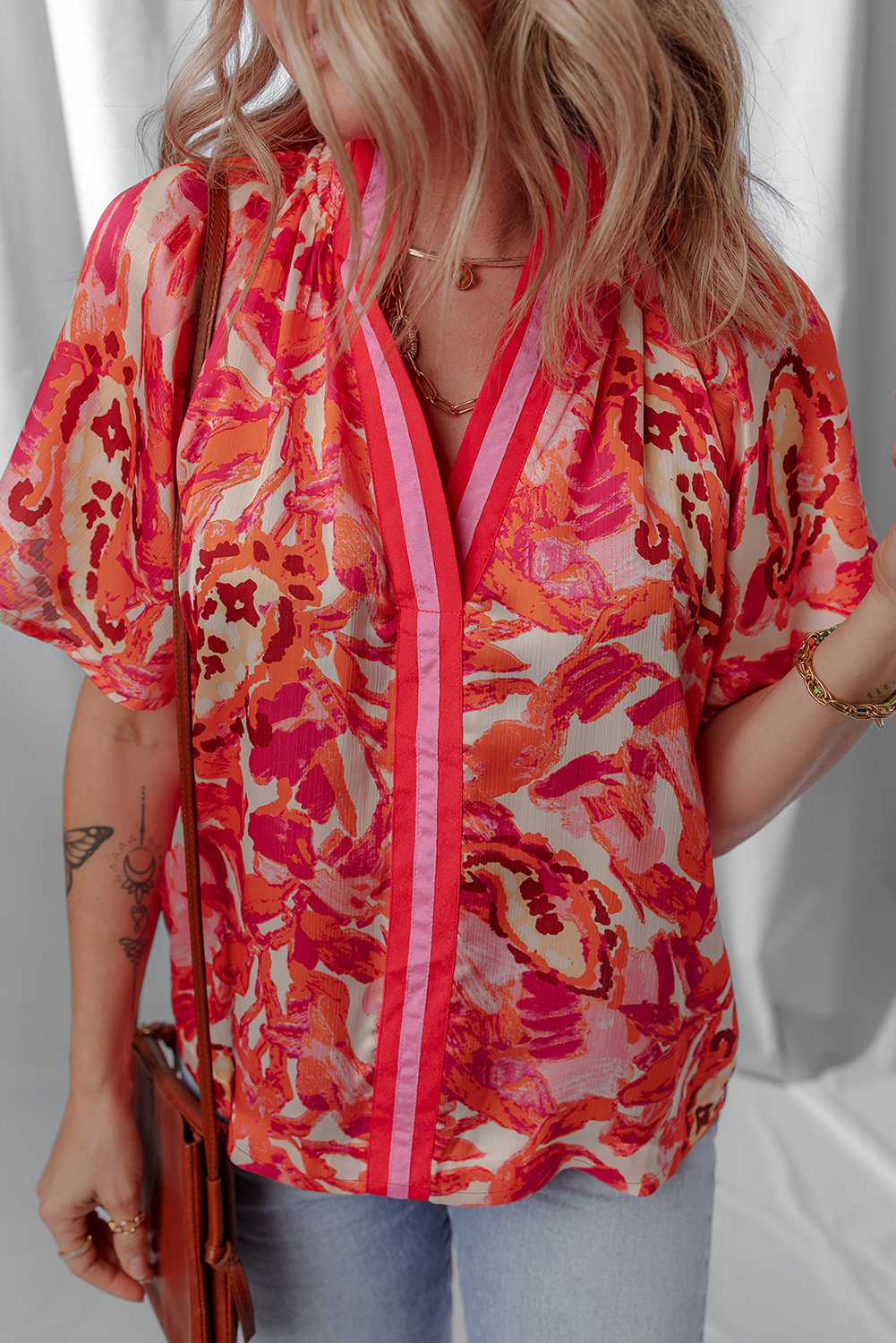 Rose Abstract Print Striped Trim Split Neck Blouse