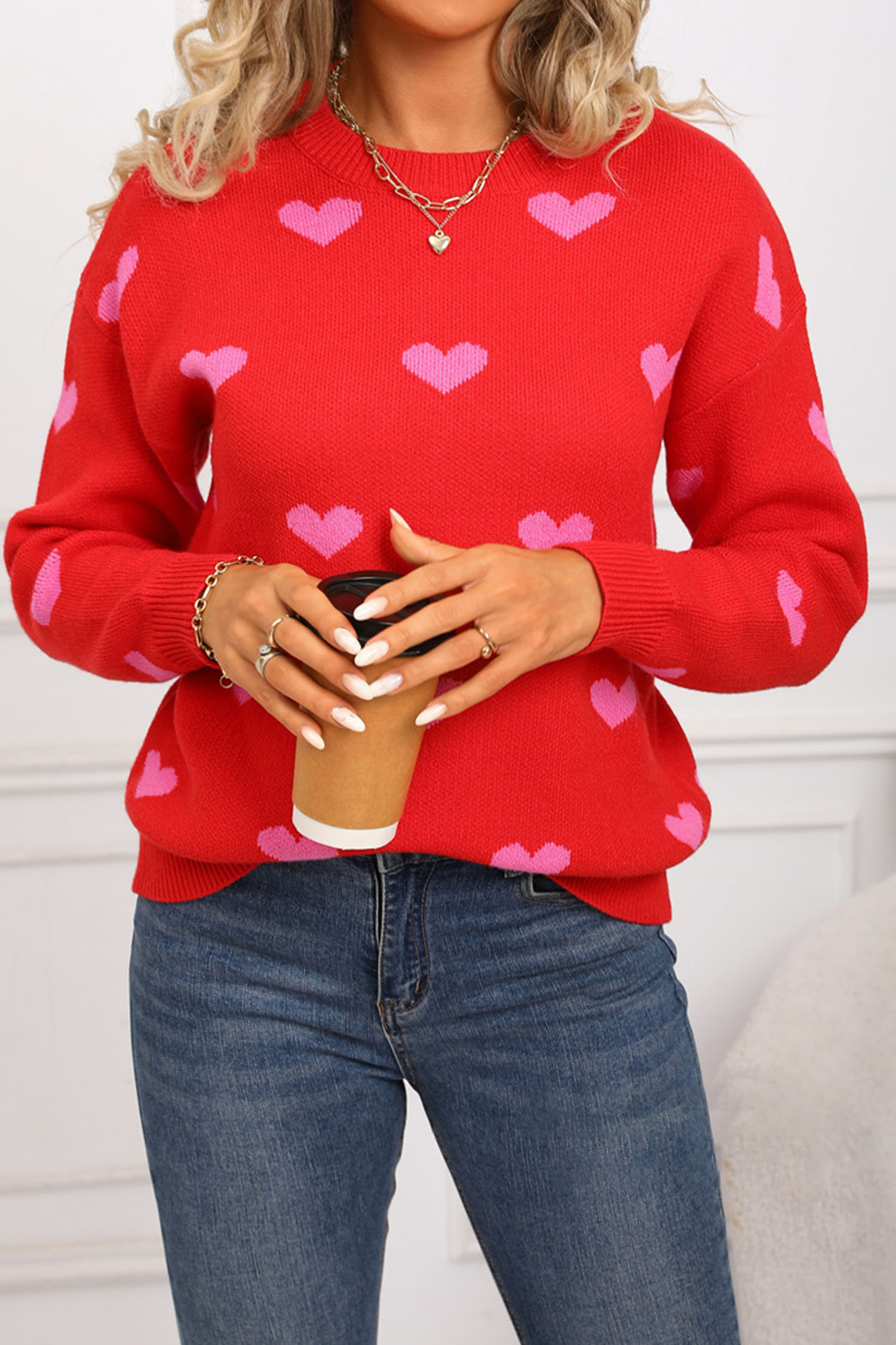 White Classic Round Neck Drop Shoulder Heart Print Sweater
